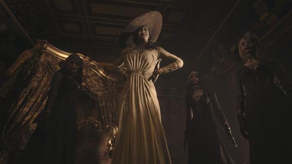 Resident Evil Village screenshot: A tall woman in an elegant dress and hat stands with three shadowy figures in a dimly lit room.