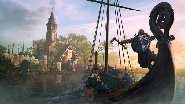 Screenshot from Assassin's Creed Valhalla showing a Viking longship approaching a medieval settlement under a cloudy sky.