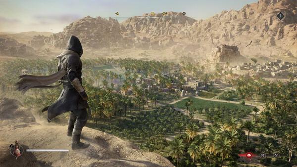 Screenshot from Assassin's Creed Mirage showing a cloaked figure overlooking a vast desert landscape with lush greenery and distant mountains.