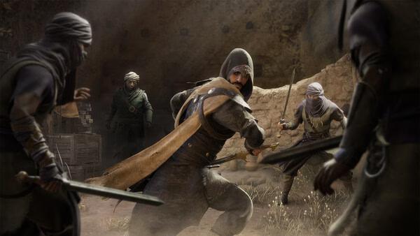 Screenshot from Assassin's Creed Mirage showing a hooded character in a swordfight with multiple opponents in a dimly lit area.