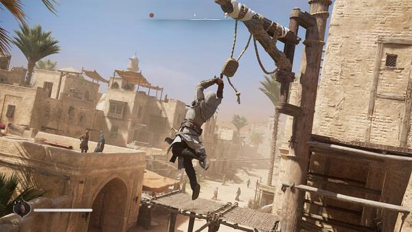 Assassin's Creed Mirage screenshot: A character swings on a rope between buildings in a sunlit, ancient cityscape.