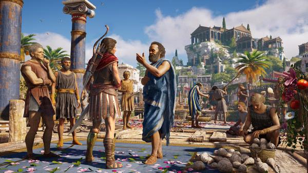 A screenshot from Assassin's Creed® Odyssey showing a bustling Greek marketplace with characters interacting among colorful surroundings.