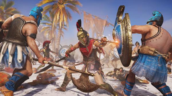 Screenshot from Assassin's Creed® Odyssey showing a warrior in battle gear fighting multiple shielded enemies on a sunny, sandy beach.