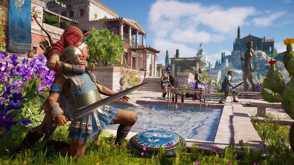 Screenshot from Assassin's Creed® Odyssey showing a character stealthily attacking a soldier near a pool surrounded by ancient architecture.