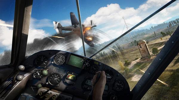 Far Cry® 5 screenshot: A pilot's view inside a cockpit as a plane bursts into flames in a rural landscape.