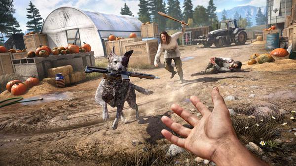 Screenshot from Far Cry® 5 showing a dog carrying a weapon while a person chases it with a stick in a pumpkin-filled farm.