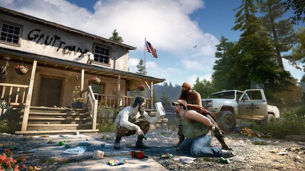 Far Cry® 5 screenshot of two characters confronting a restrained man outside a rundown building with "Gluttony" written on it.
