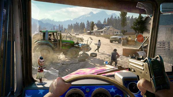 Far Cry® 5 screenshot: A player aims a gun from a vehicle toward enemies near a tractor in a rural area with mountains in the distance.