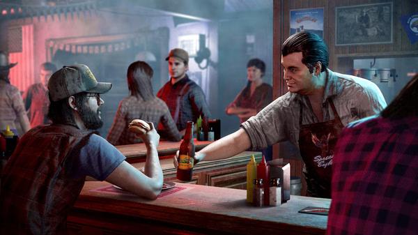 Far Cry® 5 screenshot: A bustling bar scene with patrons, one holding a burger, and a bartender serving drinks.