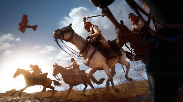 Screenshot from Battlefield™ 1 showing soldiers on horseback charging forward in a desert landscape, with a plane flying overhead.