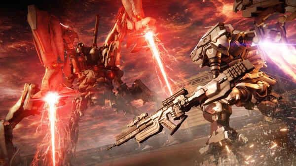 Screenshot from ARMORED CORE™ VI FIRES OF RUBICON™ showing two mechs engaged in battle, firing laser beams in a fiery, dramatic scene.