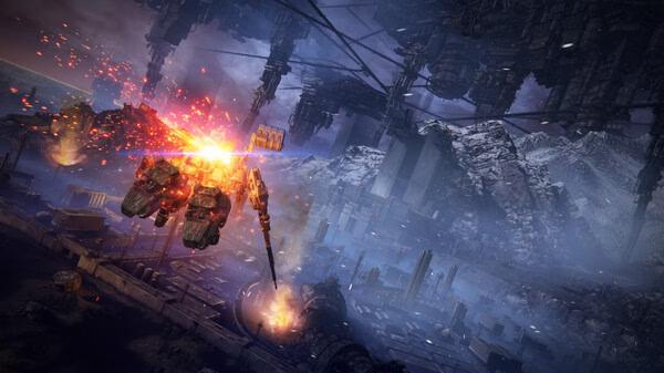 Screenshot from ARMORED CORE™ VI FIRES OF RUBICON™ showing a mecha in combat, firing weapons amidst a dramatic fiery scene.