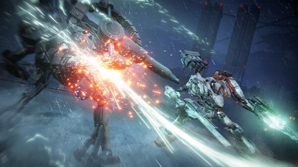Screenshot from ARMORED CORE™ VI FIRES OF RUBICON™ showing two mech robots in combat, emitting sparks and energy beams.