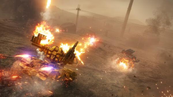 Screenshot from ARMORED CORE™ VI FIRES OF RUBICON™ showing two mechs engaged in fiery combat on a barren wasteland.
