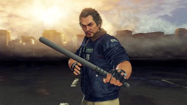 A screenshot from 'Yakuza: Like a Dragon' showing a character holding a baton, standing in front of a city skyline at sunset.