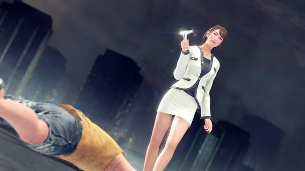 Screenshot from Yakuza: Like a Dragon showing a woman in a white suit holding a gun, standing over a person lying on the ground.