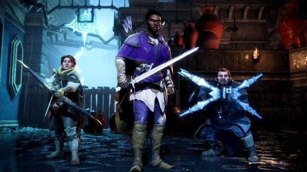 Screenshot from Dragon Age™: The Veilguard showing three armored characters with swords, standing in a dimly lit stone chamber.