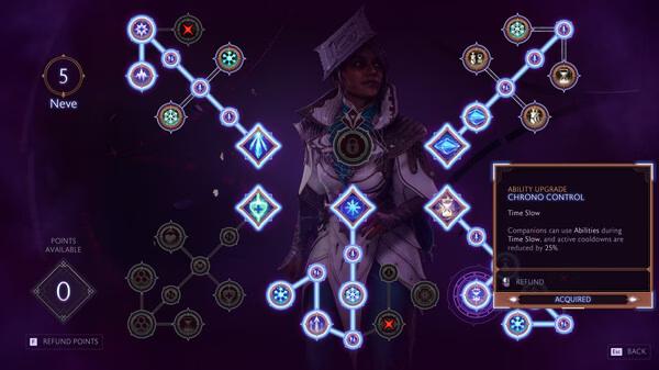 Dragon Age™: The Veilguard screenshot showing a skill tree interface with glowing nodes and a character in detailed armor.