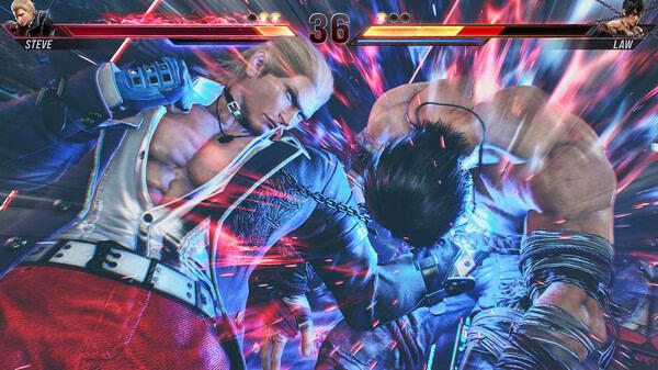 TEKKEN 8 screenshot: Two characters, Steve and Law, in a dynamic combat scene with vibrant energy effects and health bars visible.