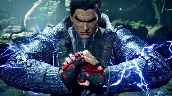 TEKKEN 8 screenshot showing a character in a blue textured outfit with red gloves, surrounded by electric energy in a forest setting.