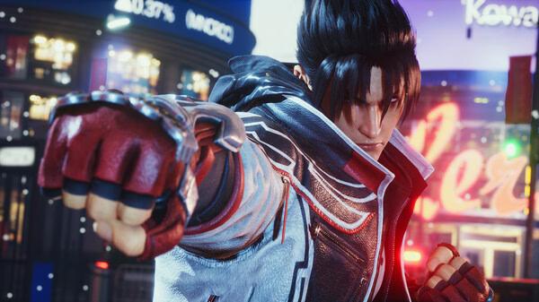 TEKKEN 8 screenshot showing a character in a dynamic pose with a clenched fist, set against a vibrant city background.
