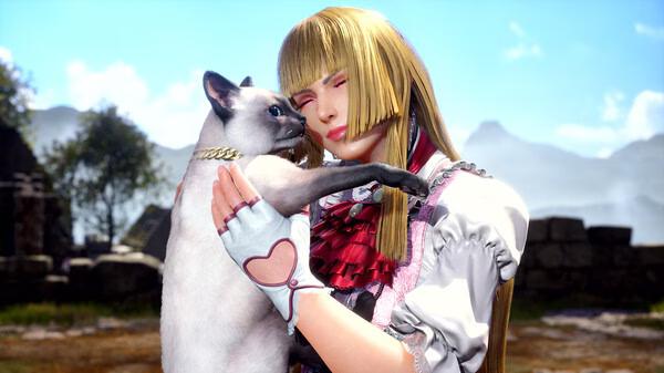 A TEKKEN 8 screenshot showcasing a character holding a white cat against a scenic background with mountains and trees.