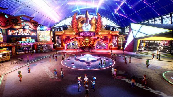A TEKKEN 8 screenshot showing a vibrant arcade plaza with players exploring, neon signs, and a central fountain under a glowing roof.