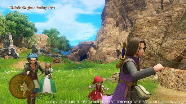 Screenshot from DRAGON QUEST® XI S: Echoes of an Elusive Age™ - Definitive Edition showing characters exploring a grassy Heliodor region.