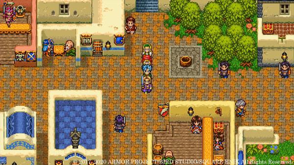 A colorful town square in DRAGON QUEST® XI S: Echoes of an Elusive Age™ - Definitive Edition screenshot with characters walking.