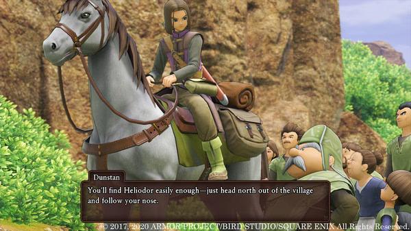 Screenshot from DRAGON QUEST® XI S: Echoes of an Elusive Age™ - Definitive Edition showing a rider on a horse in a village scene.