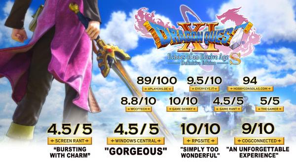 Screenshot from DRAGON QUEST® XI S: Echoes of an Elusive Age™ - Definitive Edition showing a character with a sword and review scores.