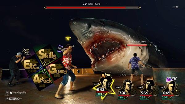 Screenshot of Like a Dragon: Infinite Wealth shows characters battling a giant shark on a ship at night.