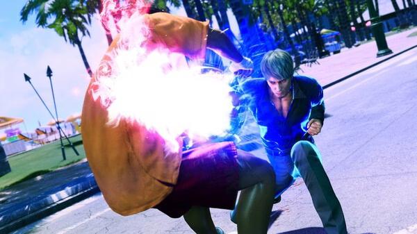 Screenshot from Like a Dragon: Infinite Wealth showing two characters battling with glowing energy attacks on a sunny street.