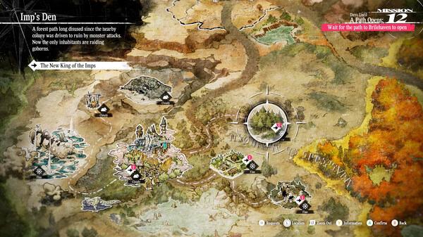 Screenshot from Metaphor: ReFantazio showing a detailed map with marked paths and locations, including "Imp's Den" as a highlighted area.