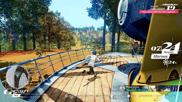 Screenshot from Metaphor: ReFantazio showing a character running on a ship's deck, with a forested landscape in the background.