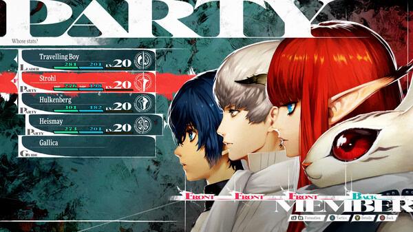 Screenshot from Metaphor: ReFantazio showing the party menu with character portraits and stats on the left side.