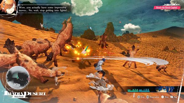 Screenshot from Metaphor: ReFantazio showing a character battling multiple creatures in a desert landscape.