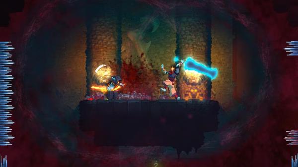 Screenshot of Dead Cells game showing two characters in combat, one wielding a glowing blue sword, set in a dark, dungeon-like environment.