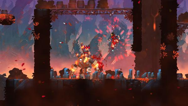 Screenshot from Dead Cells showing a player character battling a large, glowing enemy amidst a vibrant, autumn-themed backdrop.