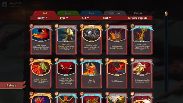 Slay the Spire screenshot showing the card selection menu, highlighting various cards with their abilities and upgrade options.
