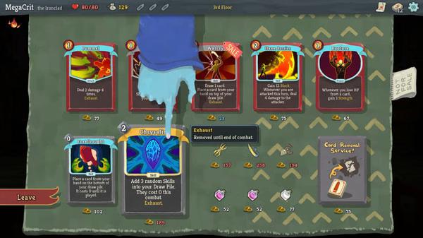 Screenshot from Slay the Spire shows a card selection interface with detailed descriptions and player stats at the top.