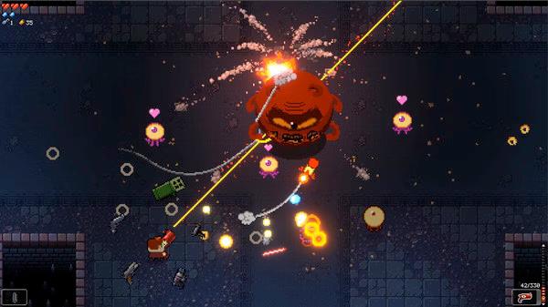 Enter the Gungeon screenshot: A character battles a large, red enemy in a dungeon, firing weapons amidst explosions and heart symbols.