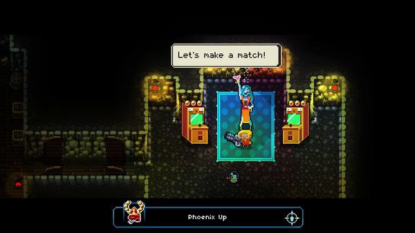 Enter the Gungeon screenshot: A player character interacts with an NPC in a room with arcade machines and dialogue saying, "Let's make a match!"