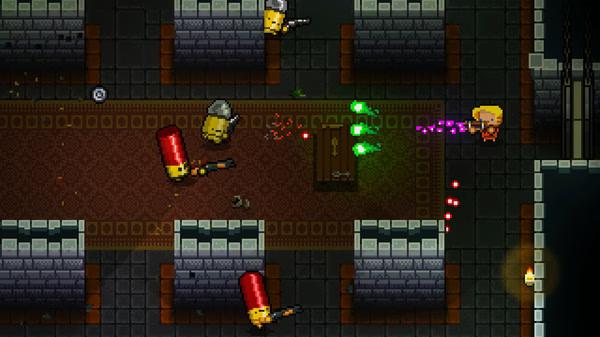 A screenshot from Enter the Gungeon showing a character battling bullet-shaped enemies in a dungeon corridor.