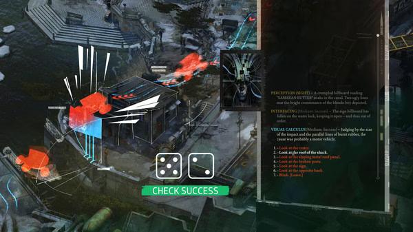 Disco Elysium - The Final Cut screenshot: A detective investigates a rooftop with highlighted clues and dialogue options visible.