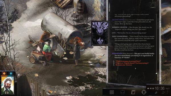 Screenshot of Disco Elysium - The Final Cut showing dialogue options, a character portrait, and two figures near a dumpster in a snowy area.