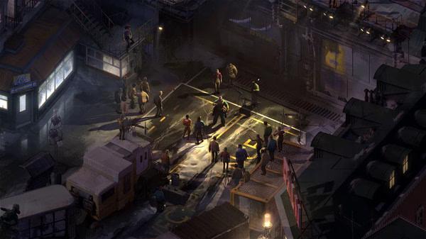 Screenshot from Disco Elysium - The Final Cut: A group of people gathered around a street scene with dim lighting and industrial surroundings.