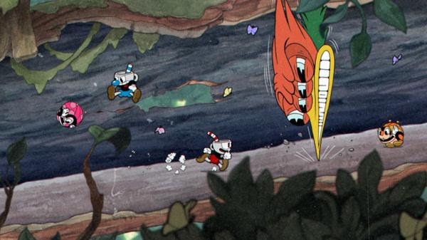Screenshot from Cuphead showing characters running from a large red creature with sharp teeth in a forest setting.