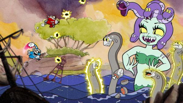 Screenshot from Cuphead showing a battle with a sea monster featuring multiple snake-like heads and two characters in combat.