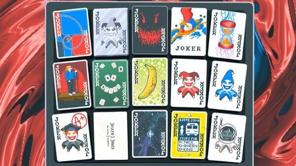 A screenshot from Balatro showing a grid of colorful Joker-themed cards with various designs against a swirling red background.